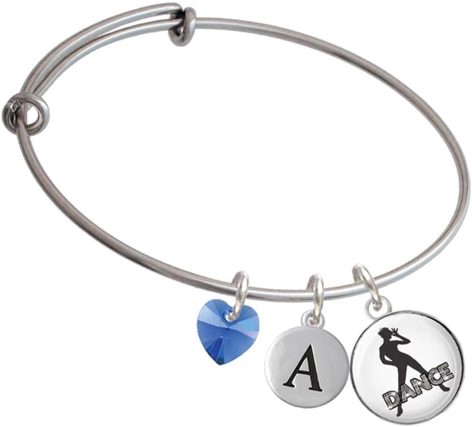 Delight Jewelry Silvertone Domed Dance - Crystal Heart and Pebble Initial Custom Charm Bangle Bracelet