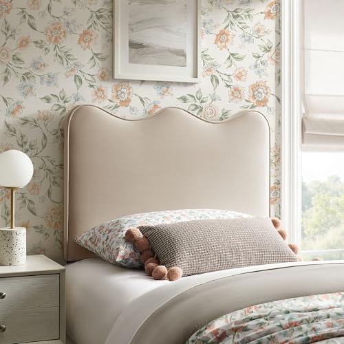 Monday Athena Twin Size Performance Velvet Adjustable Headboard in Almond - with Scalloped Wave Design and Stain-Resistant Velvet Upholstery