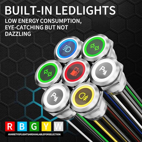 Image of 2PCS 19mm LED Momentary Push Button Switch 12V 24V IP67 White | Stainless Steel 20A with 185 Replaceable Symbols Marine Boat, Engine Start, Horn, Momentary Control