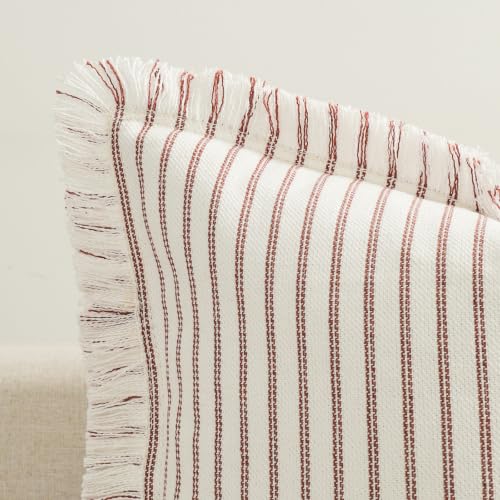 Image of ZWJD Fall Throw Pillow Covers 18x18 Set of 2 Striped Pillow Covers with Fringe Chic Cotton Decorative Pillows Square Cushion Covers for Sofa Couch Bed Living Room Fall Decor,Rust