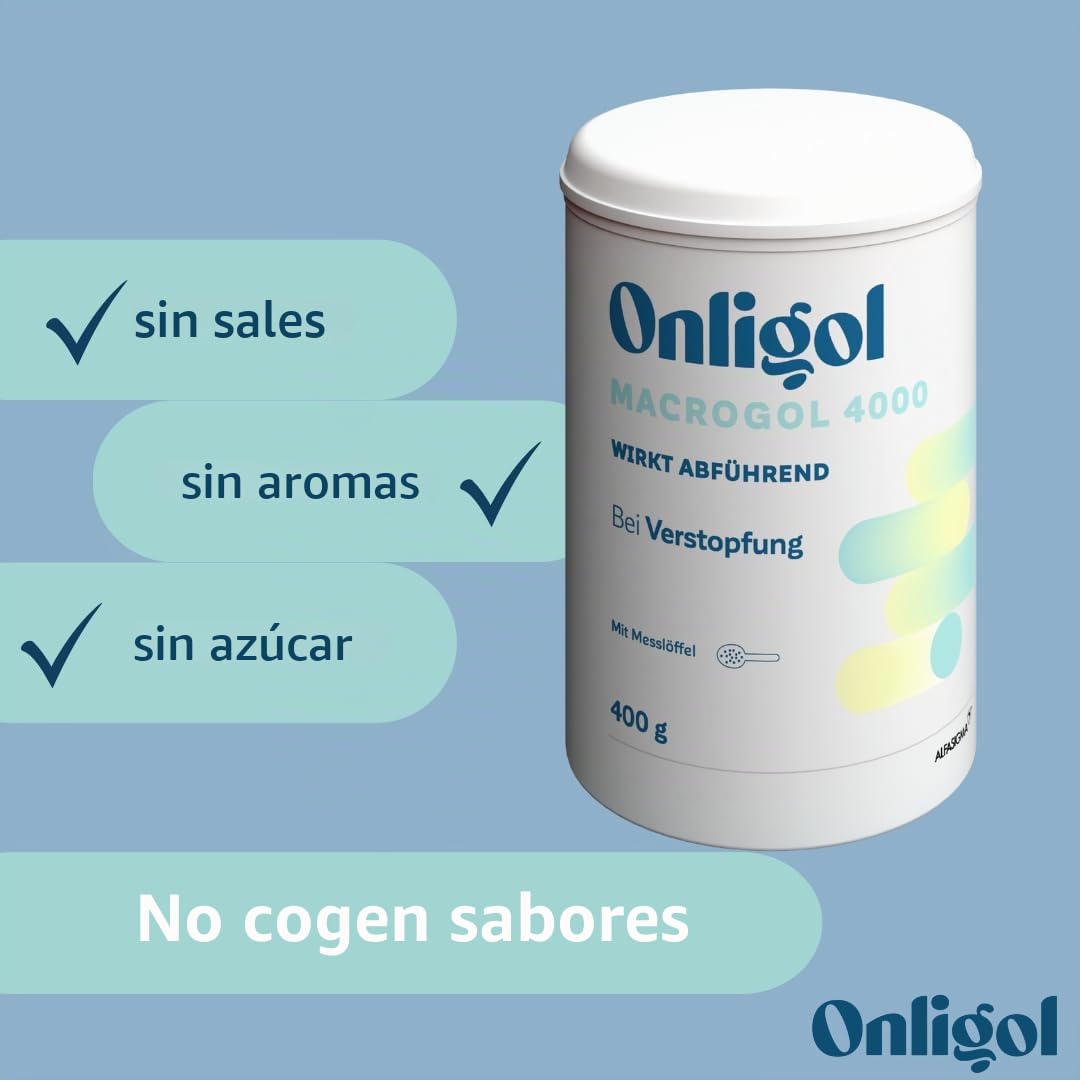 Onligol Macrogol 4000 - Ayuda suave y eficaz para el estreñimiento y el estreñimiento - con macrogol 4000 - sin aditivos ni azúcar, 400 g de polvo