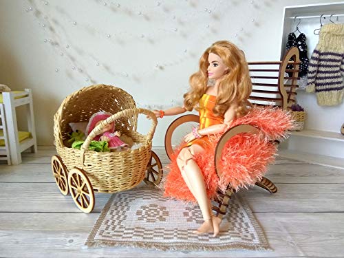 Miniature Baby Carriage, 5 INCH! Wicker Doll Stroller. Handmade Dollhouse Pram MADE TO ORDER - Thumbnail 5