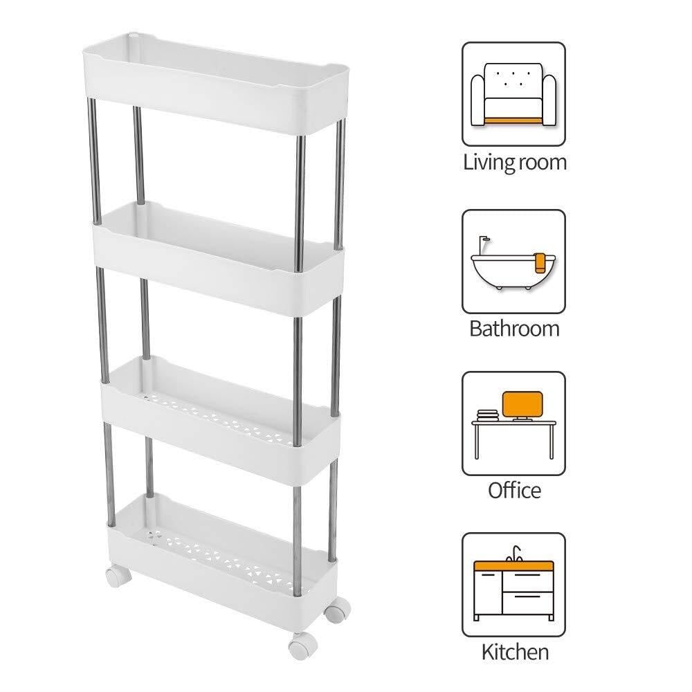 Küchenwagen Schmaler Rollwagen mit 4 Ebenen und Rädern, rostfreies mobiles Regalsystem aus Edelstahl for Küche, Waschküche und Enge Räume(White)