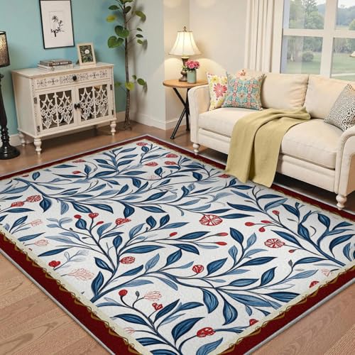 Vintage Botanical Floral Area Rug 4x6ft Low Pile Washable Navy