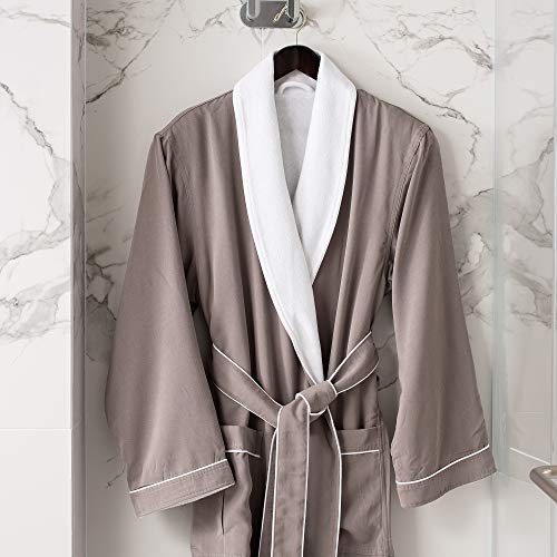 Smoke Shawl Collar Robe - Taupe with White Piping - Cotton Blend Microfiber - One Size3
