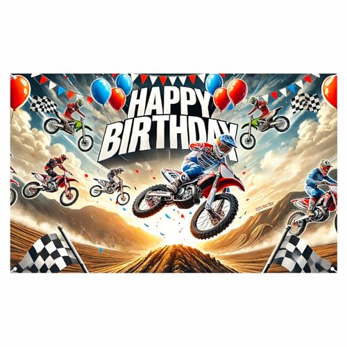 Image of Nuxovilar Motocross Happy Birthday Banner Backdrop 71 inchx43 Polyester | Dirt Bike Birthday Party Decorations Birthday Banner, Racing Backdrop Yard, Garage, Room (Dirt Bike)