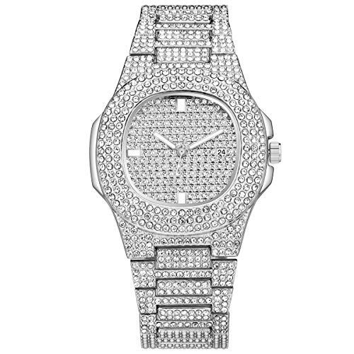 SIBOSUN Luxury Mens Womens Unisex Crystal Iced-Out Watch Diamond Watches for Men Oblong Silver Wristwatch Fashion Quartz Analog Watch Stainless Steel Bracelet for Women Mens