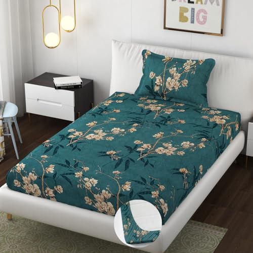 Image of Premium Heavy Cotton Elastic Fitted Bedsheets with 1 King Size Pillow Covers | Single Bed with All Around Elastic 350 TC | 36 x 78 x 6 Inch Single Size Fitted | - Green Flower