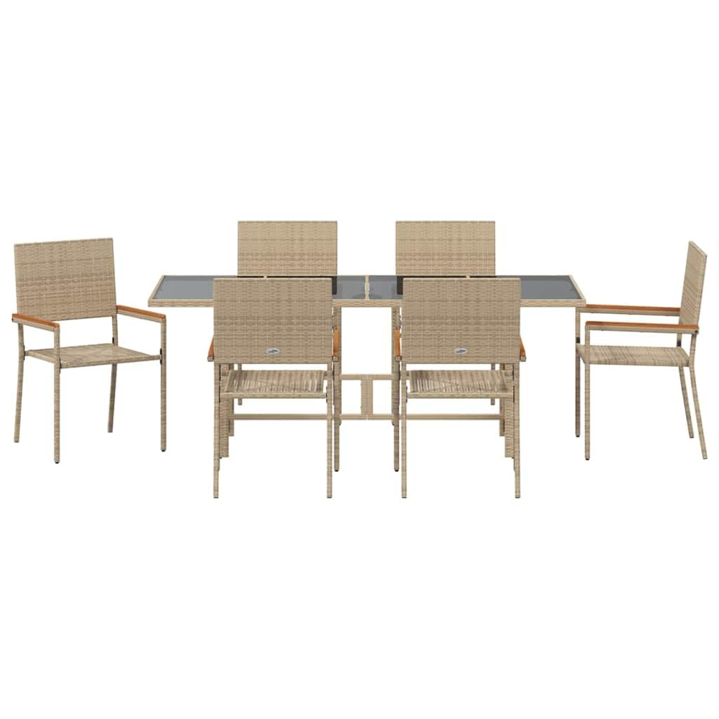Zestaw do jadalni w ogrodzie 7 czesci Bezowy polirattany stol i krzesla tarasowe meble ogrodowe z podlokietnikami drewno akacjowe nowoczesny design 190x80x75 cm
