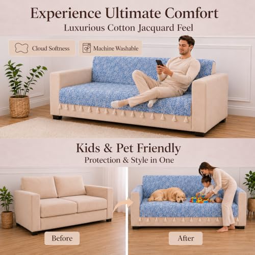 Image of STITCHNEST 'Verdant Phool Stories' 3 Seater Sofa Cover - Full Coverage| Elegant Jacquard Fabric, Decorative Tassels, Washable & Durable for Modern Living