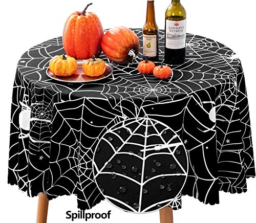 60" Round Polyester Tablecloth, Halloween Black Spider Web Table Cloth, Spillproof Washable Polyester Table Cover - Perfect for Halloween Party Decorations
