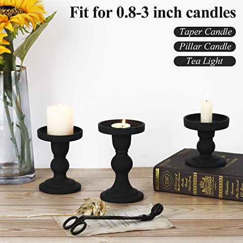 Lewondr Glass Candle Holders, 3 Pieces Frosted Glass Texture Candlesticks With Elegant Design For Pillar Taper Candle And Tea Light, Home Table Living Room Wedding Party Decorations Home Décor, Black #TOP2