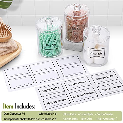 Aozita 6 Pack Qtip Holder Dispenser For Cotton Ball, Cotton Swab, Cotton Round Pads, Floss - 10 Oz Clear Plastic Apothecary Jar Set For Bathroom Canister Storage Organization, Vanity Makeup Organizer #TOP1