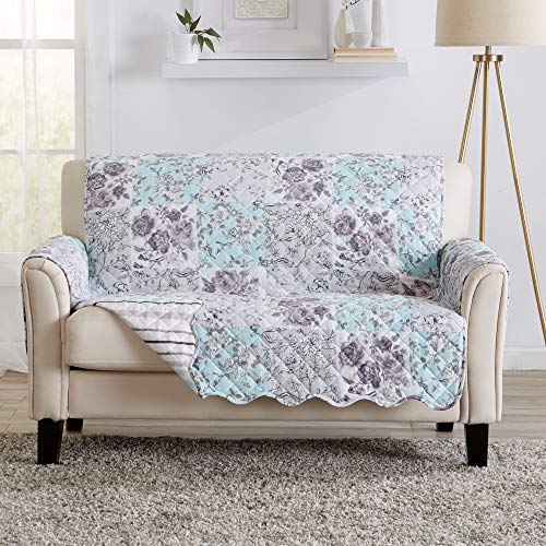 Image of Great Bay Home Reversible Floral Patchwork Loveseat Furniture Protector - Machine Washable, Scalloped Edge, Stain Resistant, Printed Furniture Cover for Dogs, Kids, and Pets (Gray /Aqua)