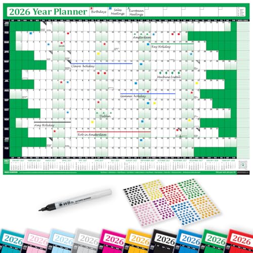 PlannerHead 2026 Laminated Wall Planner/Yearly Calendar 2026 UK & Ireland with Bank Holidays/Dry Wipe Pen & 400 Stickers / 2027 Footnote/Green Large (49x70cm)