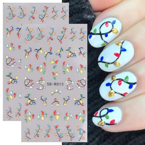 Christmas Colorful Light Nail Art Stickers Decals 5D Embossed Christmas Light Nail Decals 2PCS Glitter Neon Lamp Nail Design Manicure Decals Tip Nail Art Supplies for New Year DIY Nail Art Decorations