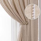 Boho Curtains with Bordered, Grommet Thick Linen Curtains Semi Sheer Drapes Light Filtering Privacy