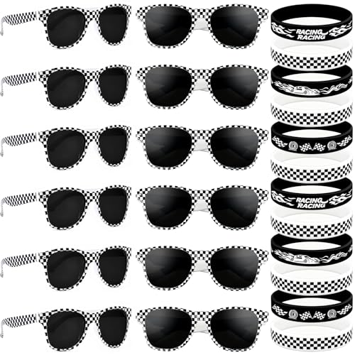 Image of 24-Pack Race Car Party Favors - 12 Checkered UV Protection Sunglasses & 12 Rubber Bracelets, Racing Goodie Bag Stuffers for Kids Boys Girls Adults Party Decor & Daily Styling (Race Car Theme)