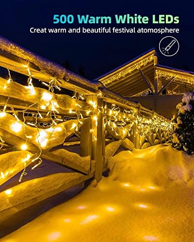 LIGHTNUM Icicle Lights Outdoor, 18m/59.06ft 500 LEDs Christmas Lights, Warm White Fairy Lights Plug in with 8 Modes, Memory Function, Timer, IP44 Waterproof for Window, Party, Xmas, Indoor Decoration
