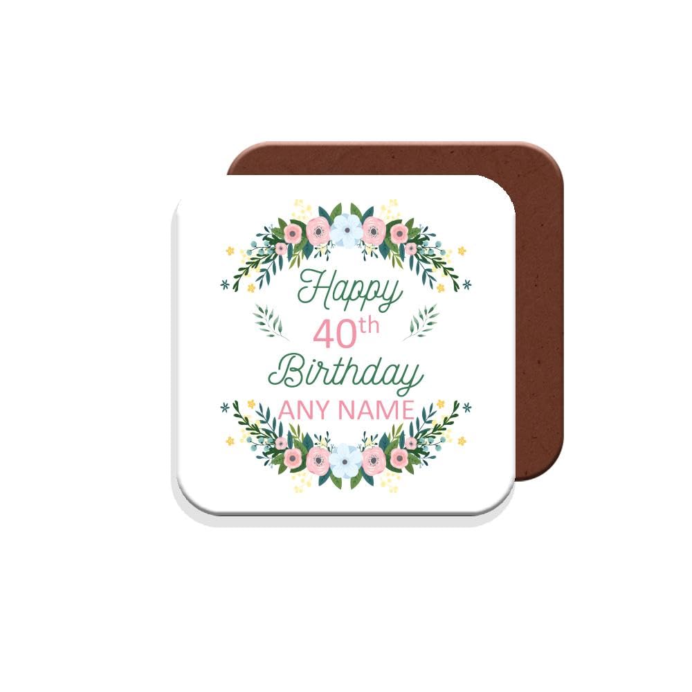 Personalised - Birthday Gift for Women - Birthday Flowers Design Coaster - Add Name and Age - Giftset - Made by MUGGZ in The UK