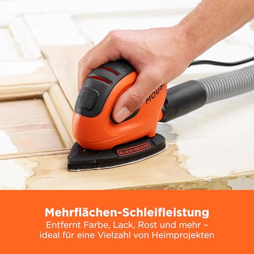 BLACK+DECKER Dreieckschleifer Mouse für staubfreies Schleifen (55 Watt Schleifmaschine, Schleifplatte 133 x 95 mm, Schleifen/Polieren, inkl. Schleifpapiere + Fingerschleifpapier) BEW230BCA