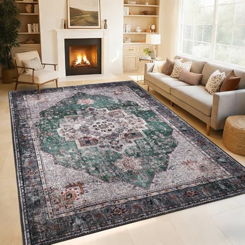 6'×9' Vintage Distressed Persian Area Rug, Stain Resistant Multi-Color Olive Green Oriental Rug with Floral Medallion, Retro Boho Washable Carpet for Living Room, Bedroom, Kids Room, Dining Room