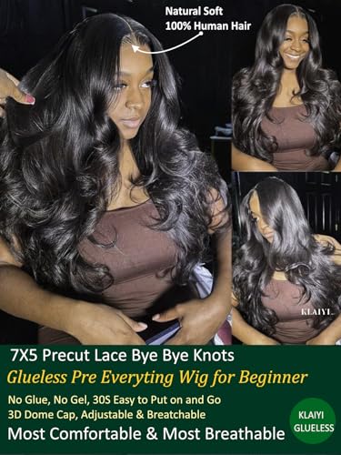 Image of KLAIYI Body Wave Bye Bye Knots Glueless Wig 7x5 Pre Cut Lace Front Wigs Human Hair Wear and Go Wigs for Beginners Pre Bleached Pre Plucked Pre Everything 3S Easy to Ready to Wear Loose Wave Wig 16Inch