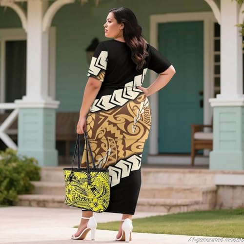 Image of Puletasi Polynesian Tribal Clothing Two Piece Skirt Set for Women Outfits Short Sleeve Top High Waist Midi Skirt