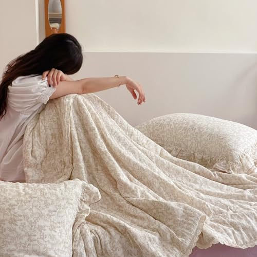 BuLuTu Muslin Cotton Full/Queen Bed Quilts for Kids Teens Vintage Boho Comforter with Lace Edges Soft Thin Comforter Rabbit Floral Quilted Blankets, 79