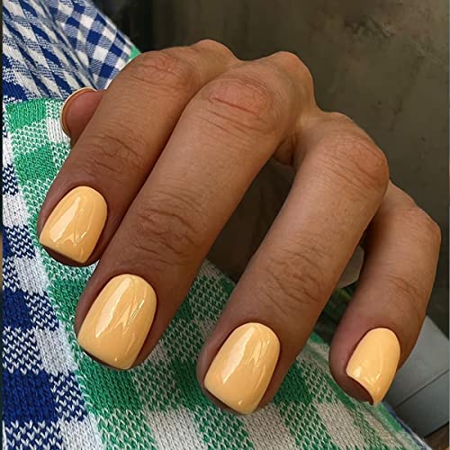 JUSTOTRY 24 Pcs Glossy Jaune Carrés Faux Ongles Court Motif,Solide Press on Nails Courts,Moyen French Faux Ongle avec Colle Pour Femme et Ado,Yellow Square Faux Ongles à Coller Nail Art