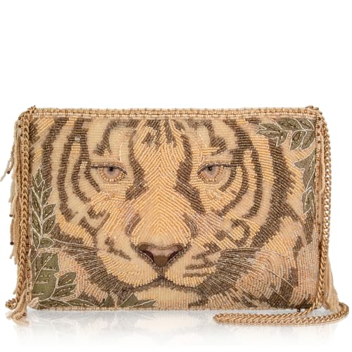 Mary Frances Savage Crossbody Handbag – Removable Chain Strap, Zipper Closure, Back & Inside Slit Pockets, Bold Tiger Motif, Fashionable Beige Purse