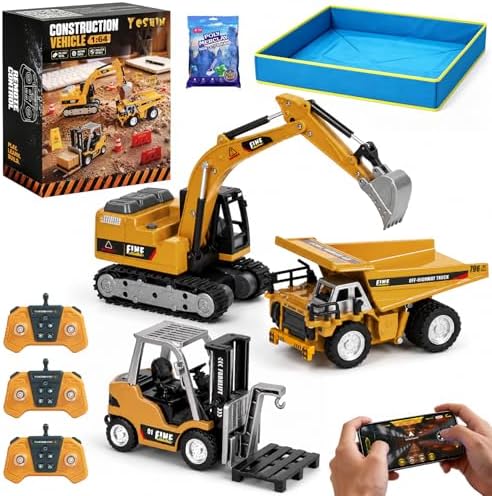 YESHIN 3 in 1 RC Baustellenfahrzeuge Set, mit Sandkasten Kasten & Spielsand | 1:64 Mini Ferngesteuerter Gabelstapler, Bagger & Kipplaster, 2,4GHz Remote Control BaustellenSpielzeug
