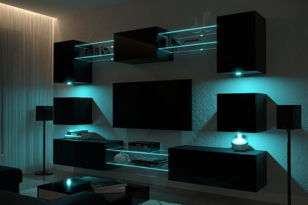 Wohnwand Mit LED RGB Beleuchtung - Moderner TV Schrank Mit Regalen