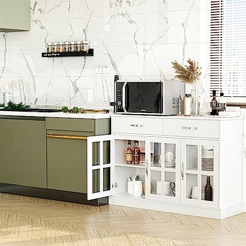 Fotosok Sideboard Buffet Cabinet With Glass Doors, Buffet Sideboard Kitchen Sideboard Cabinet Buffet Table With 2 Storage Drawers & Shelves For Dining Living Room, White #TOP1