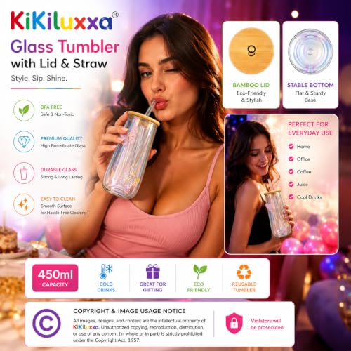 Image of KiKiluxxa 450ml Iridescent Glass Tumbler with Lid & Glass Straw | Premium Borosilicate Drinking Glass | Butterfly Design Cold Coffee Cup (Sage Glow Green)