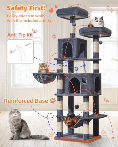 Image of Taoqimiao Large Cat Tree, 73 in Tall Cat Tower with 2 Plush Big Cat Condos