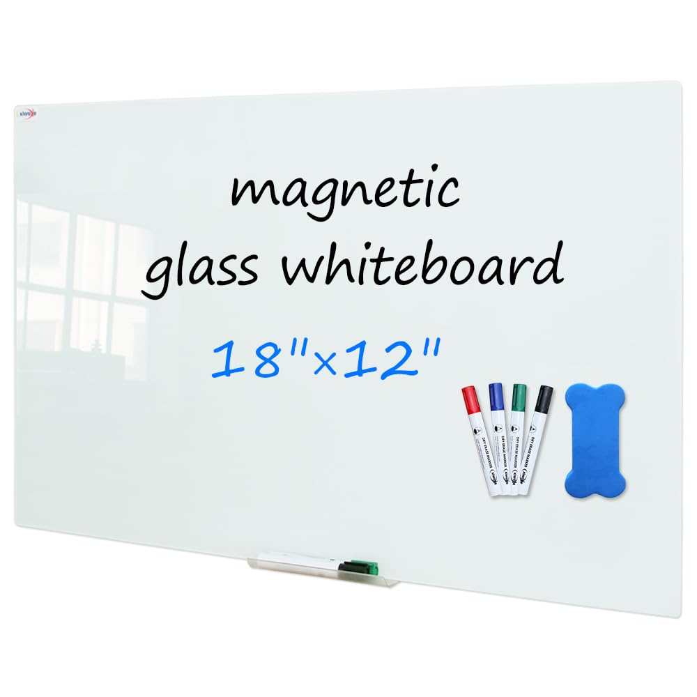 Photo 1 of No markers • Magnetic White Glass whiteboard, Wall Mounted Glass Dry Wiping whiteboard with White Surface, Frameless Glass Board with 4 Marker pens, 2 Magnets, 1 Eraser, 12 x 18 inches Type-white 12×18 INCH