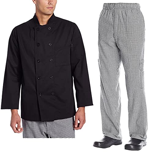Che Code Chef Uniform Set Chef Coat and Pants CC119-202 (L, Black Coat & Houndstooth)