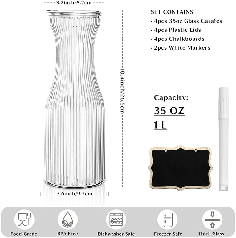 INSETLAN 1 Liter Glass Carafe with Lid, Set of 4- Juice Carafe for Mimosa Bar, Brunch,Parties, Beverage Serveware,Cold Brew Coffee, Juice, Milk, Iced Tea, Lemonade -Includes 4 Wooden Chalkboards - Image 3