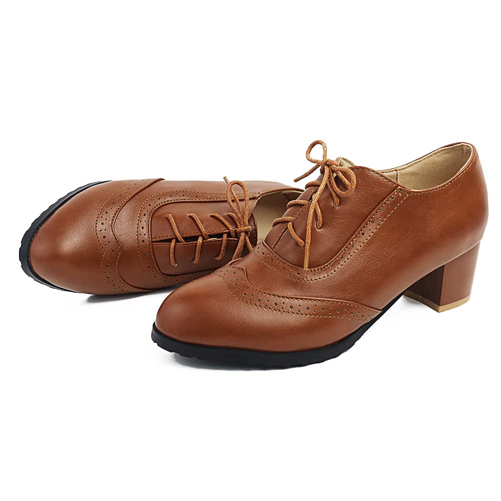 Tscoyuki Womens Wingtip Oxford Shoes Lace Up Chunky Mid-Heel Vintage Perforated Brogues Oxfords Heels Dress Pumps Office Shoes