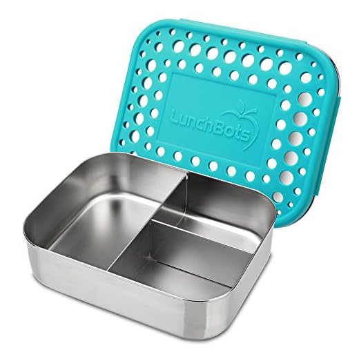 LunchBots Medium Trio II Snack Container - Divided Stainless Steel Food Container - Three Sections for Snacks On the Go - Eco-Friendly, Dishwasher Safe, BPA-Free - Stainless Lid - Aqua Dots