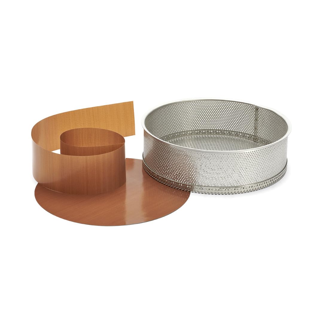 De Buyer - Moule rond à manqué à fond amovible en inox perforé (2 feuilles de cuisson inclues) - Diamètre 24 cm -, Argent