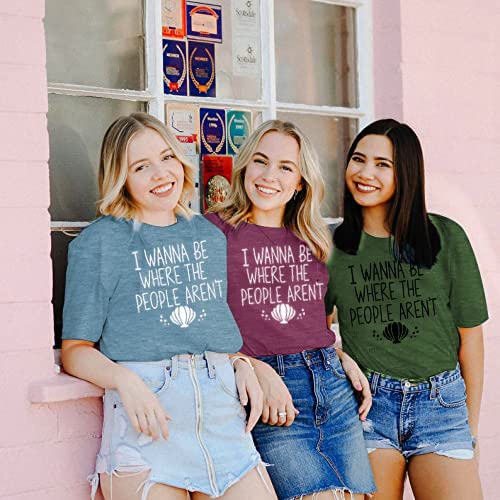 I Wanna Be Where The People Aren't Shirt For Women Summer Vacation Beach T-Shirt Funny Shell Graphic Printed Tee Tops(Purple M) #TOP5
