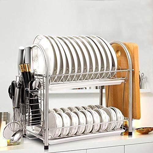 Rejilla para Platos con Bandeja de Goteo, 2 Capas, Acero Inoxidable 304, Soporte para Rejilla de Drenaje, Rejilla para Platos, Rejilla para Tejidos, Rejilla para Secado, Bandeja pa