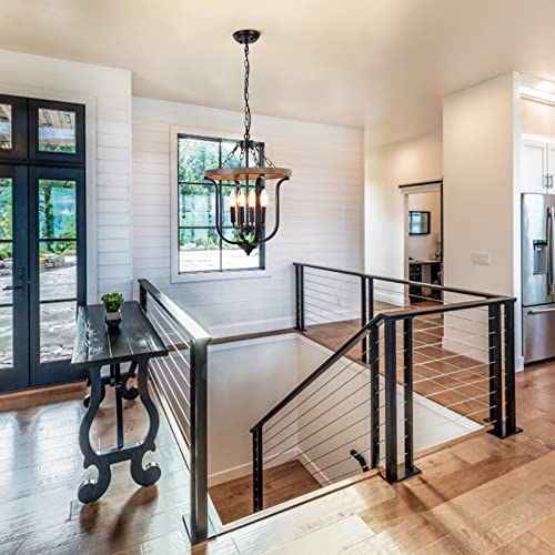 Cwarmozy Farmhouse 4-Light Cage Chandelier 14.5" Black Metal And Faux Wood Rustic Chandelier For Dining Room Adjustable Pendant Light Fixture For Kitchen Island Entryway Foyer Bedroom Hallway #TOP5