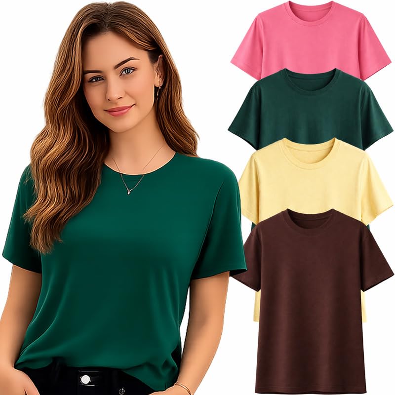 London Hills Tshirt for Woman | T Shirt for Woman Cotton Casual Tops | Tshirts Shirts for Women Round Neck Short Sleeve | Women Tees Everyday Wear Basic T Shirts for Womans (Pack of 4)