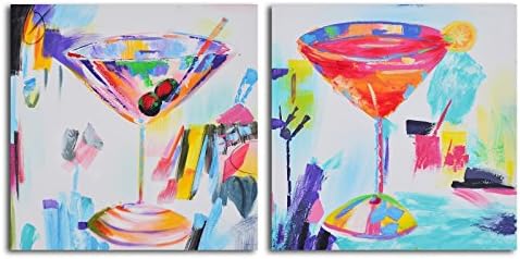 TJie Art Hand Painted Mordern Oil Paintings Confetti Cocktails 2-Piece Canvas Wall Art Set Colorful modern artwork for home bar or decor,Hand-painted by artist with acrylics on canvas,Painting comes gallery wrapped and stretched,set on wooden frames