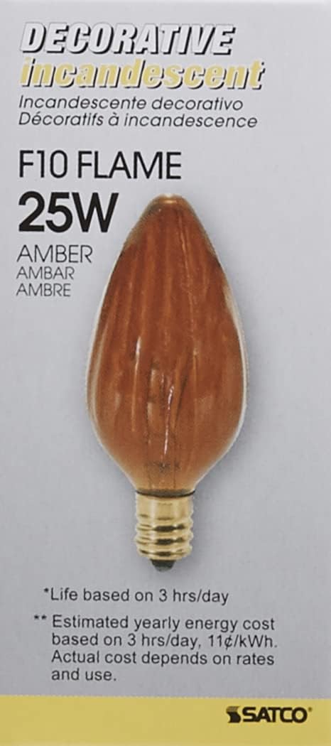 Satco S3374 120V Candelabra Base 25-Watt F10 Light Bulb, Amber
