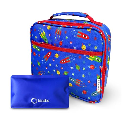 kinsho Lunch Box for Boys Kids with Ice Pack, Insulated Bag for Toddler Daycare Pre-School Kindergarten, Container Boxes for Small Kid Snacks Lunches (Blue Space Rockets)
