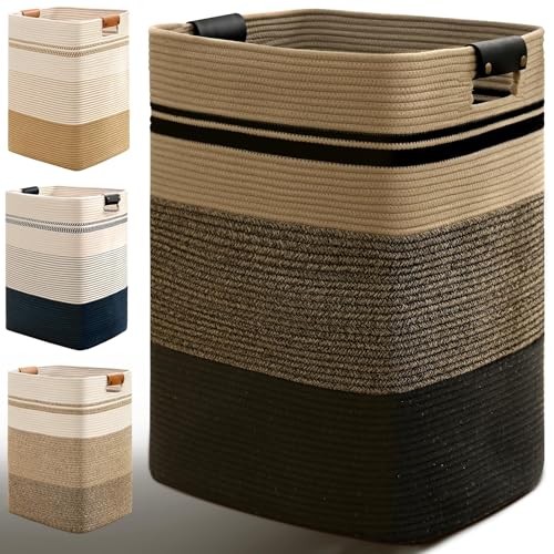 Image of Laundry Hamper, 95L Tall Laundry Basket with Leather Handles, Rectangle Large Clothes Hamper for Organizing, Cotton Woven Laundry Baskets Storage Hampers for Bedroom, Nursery, Living Room
